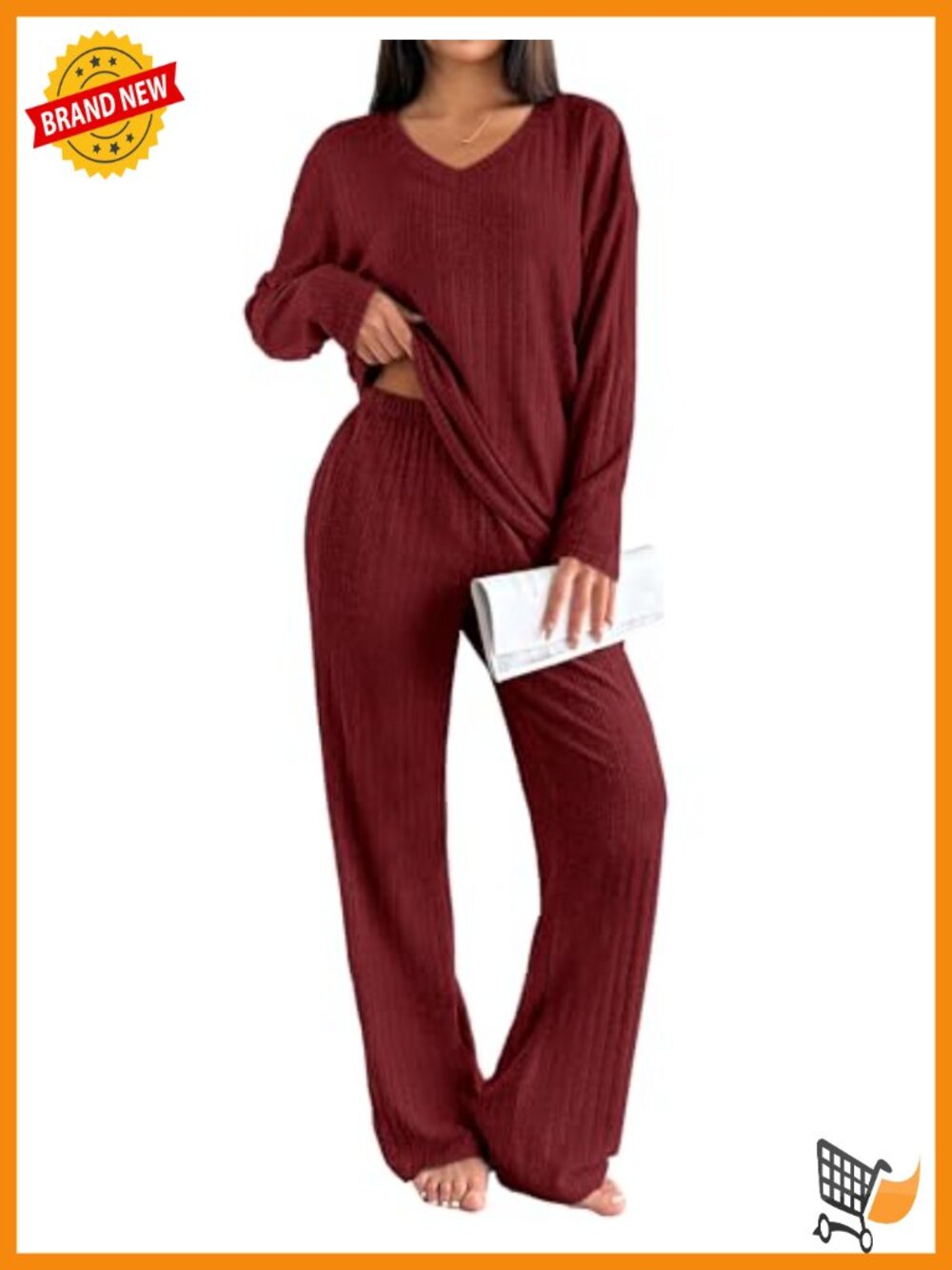 Ekouaer Ribbed Knit Pajama Set Women Long Sleeve V Neck Wide Leg Lounge 2 Piece